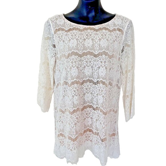 V. Christina - Nude with White Lace Overlay Round Neck Lace Sleeve Tunic M - Picture 2 of 9